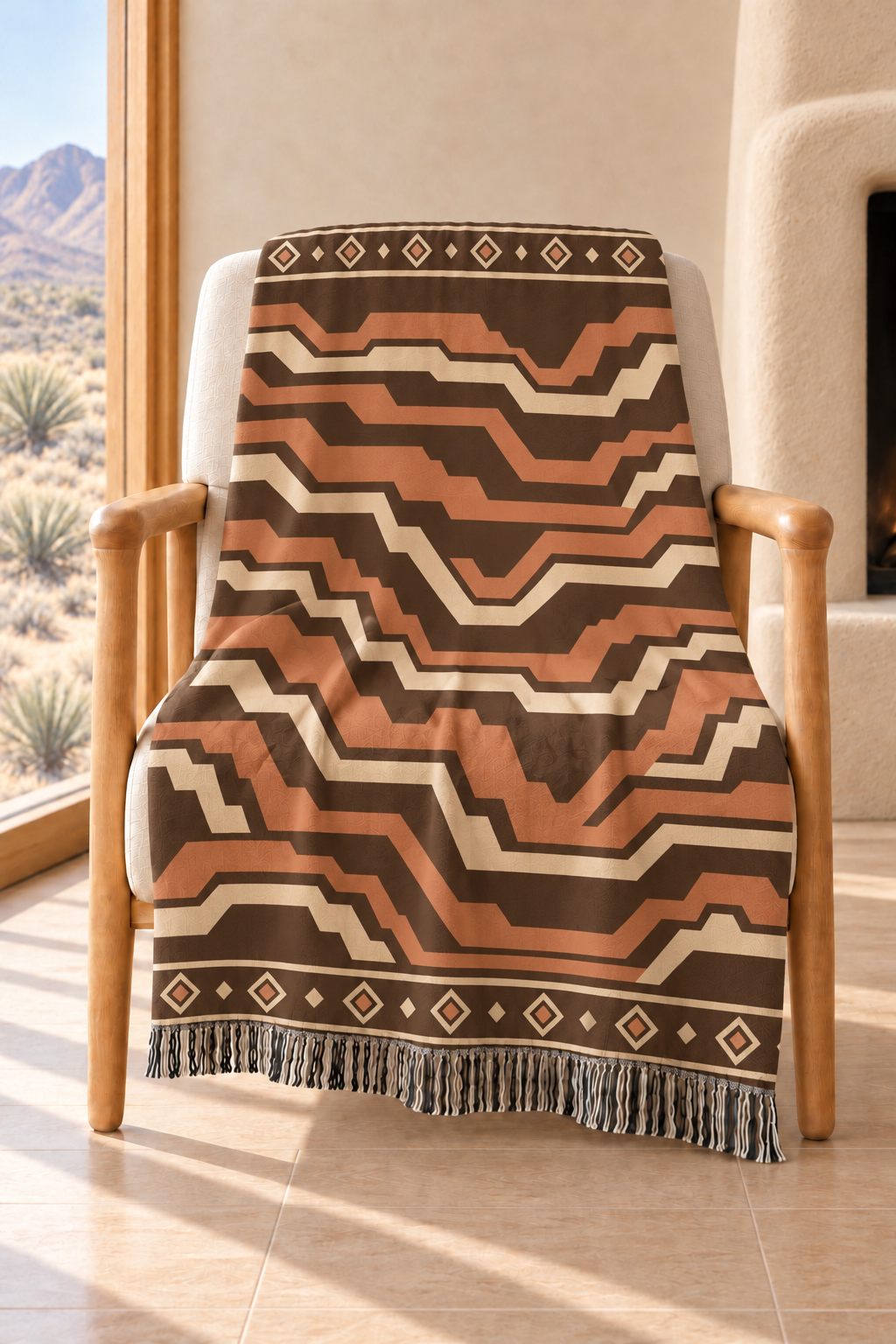 Canyon Strata woven throw draped over an oak chair in a desert-inspired room