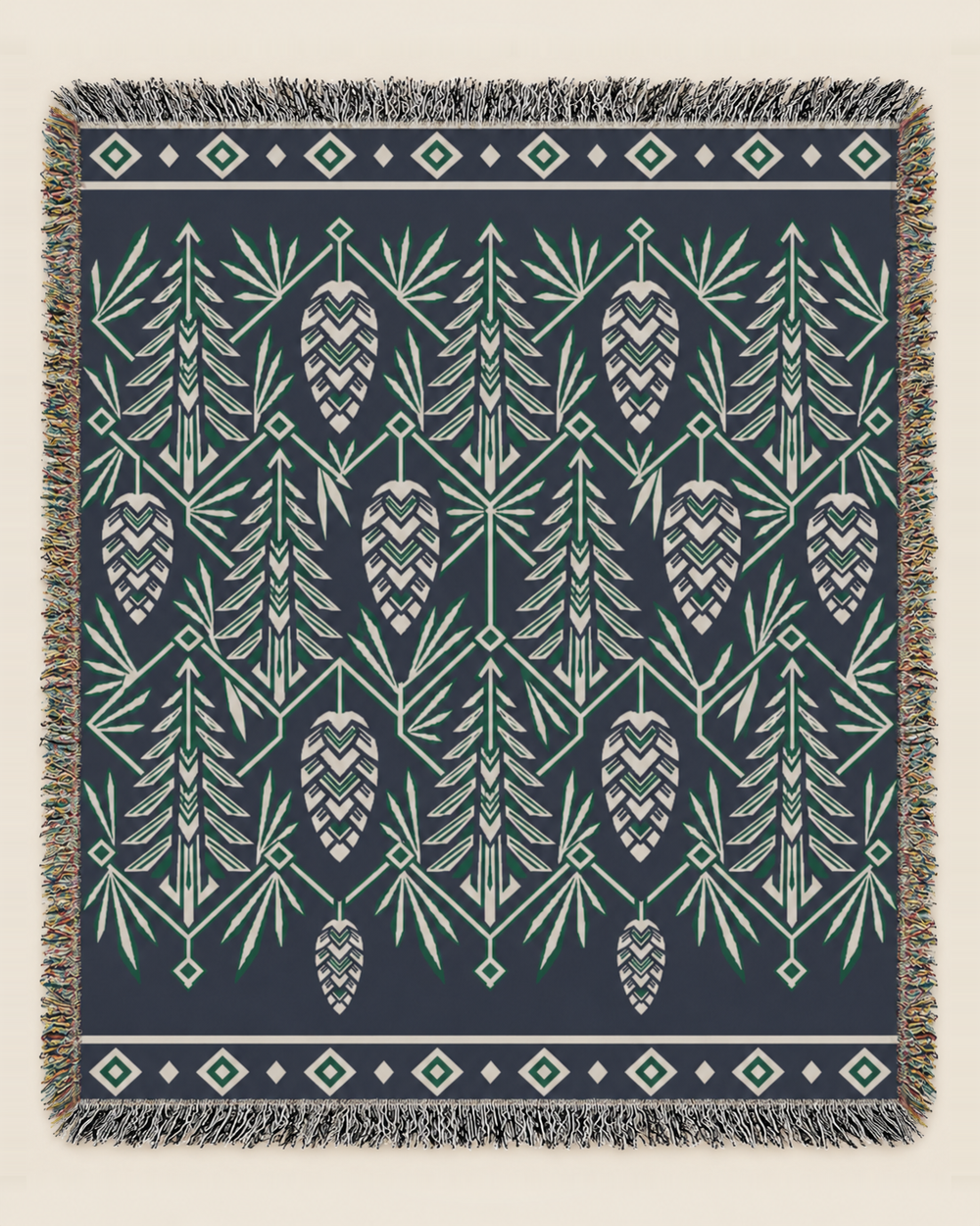 Misty Cedars woven blanket mockup, design available in both sizes