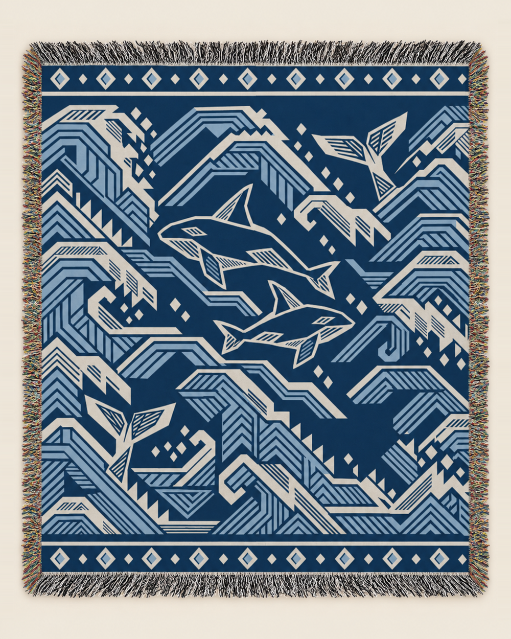 Orca & Ocean woven blanket mockup, design available in both sizes